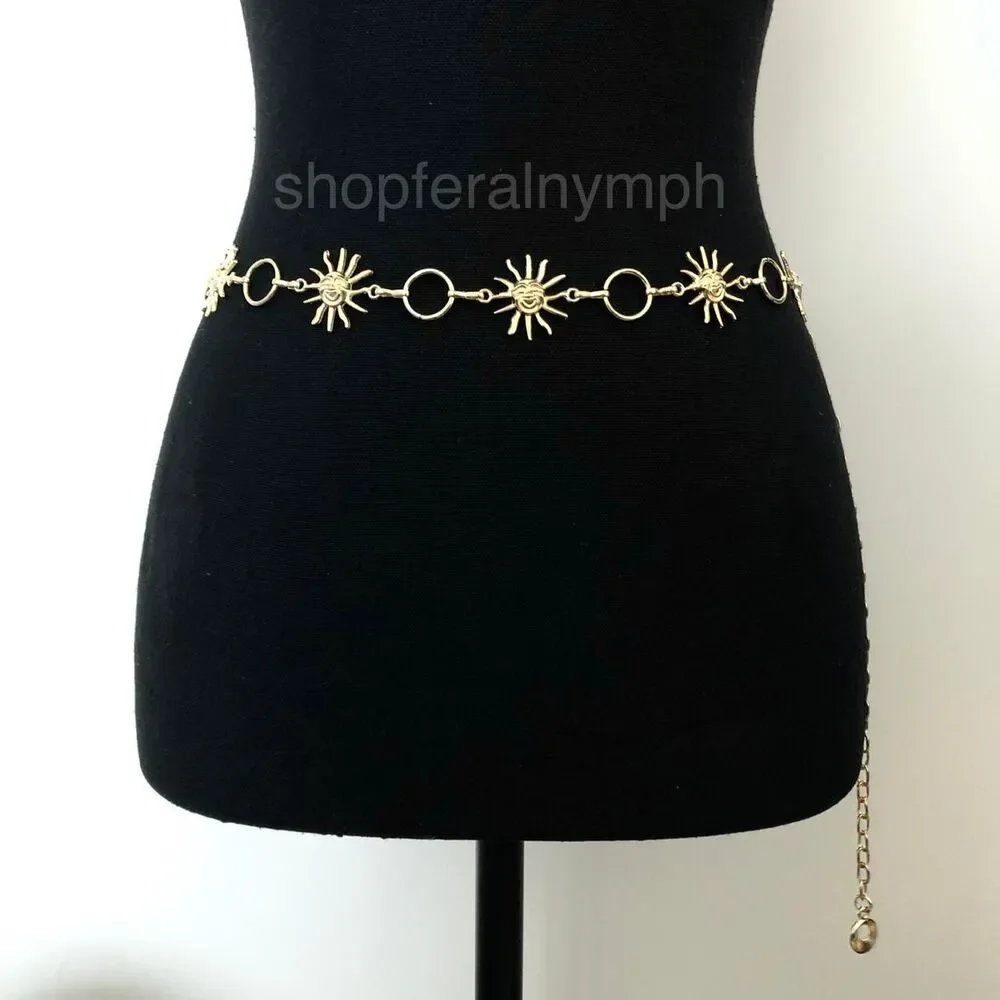 Y2K Celestial Gold-Tone Sun Face Chain Belt, Fits 23.5–38 Inches, X7GA1228